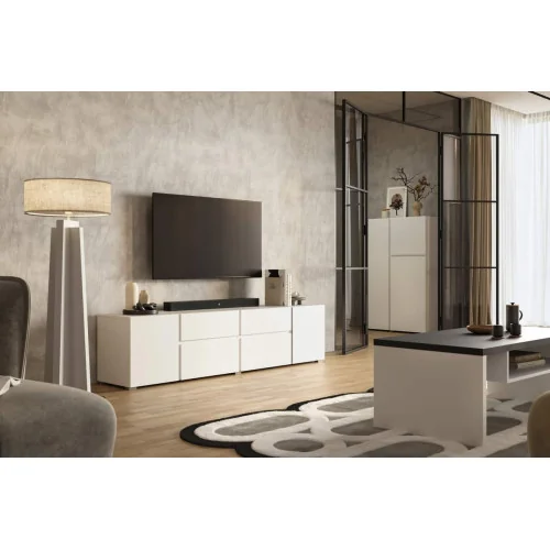 comodă TV Asimetric 2 sertare și 4 uși - culoare alb - living