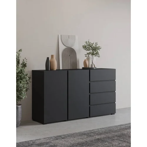 comodă Asimetric 4 sertare și 2 uși - culoare negru onix