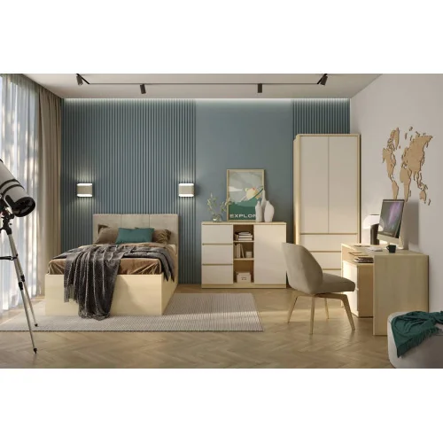 set mobilier dulap + comoda + birou + pat Terra - stejar Lindberg + bej nisip