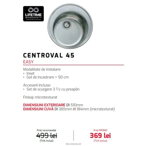 chiuveta rotunda Teka centroval 45 Inox antipată - oferta