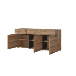 comodă Cross 3 sertare 3 uși - deschise, 180 cm - culoare stejar wotan + negru