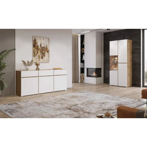 comodă living Cross 3 sertare 3 uși - 180 cm - culoare alb + stejar wotan