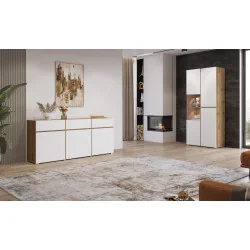 comodă living Cross 3 sertare 3 uși - 180 cm - culoare alb + stejar wotan