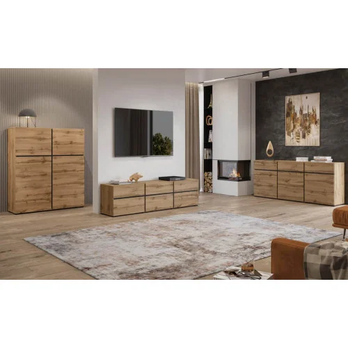 comodă living Cross 3 sertare 3 uși - 180 cm - culoare stejar wotan + negru
