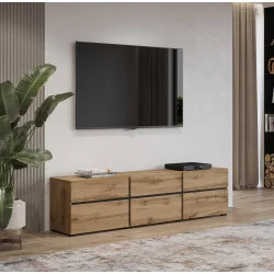 comodă TV Cross 3 sertare 3 uși - h 48 cm - culoare stejar + negru