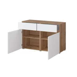 comodă Cross 2 uși 2 sertare deschise - 120 cm - culoare stejar + alb