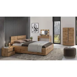 aranajament pat + noptiere + dulap Cross culoare stejar wotan + negru
