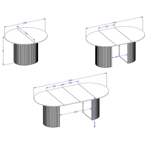 masă extensibilă ovală Cavo - schiță cu dimensiuni