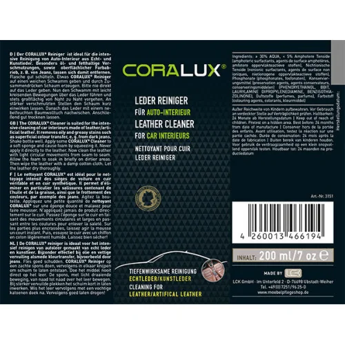 eticheta solutie de curățare tapiterie piele din interior auto - CORALUX Cleaner