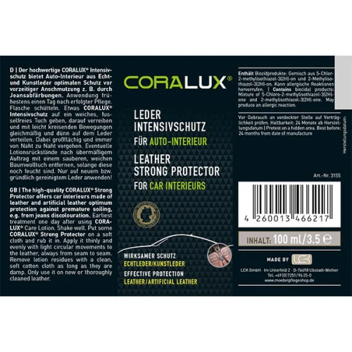 eticheta solutie de protectie piele din interior auto CORALUX Strong Protector