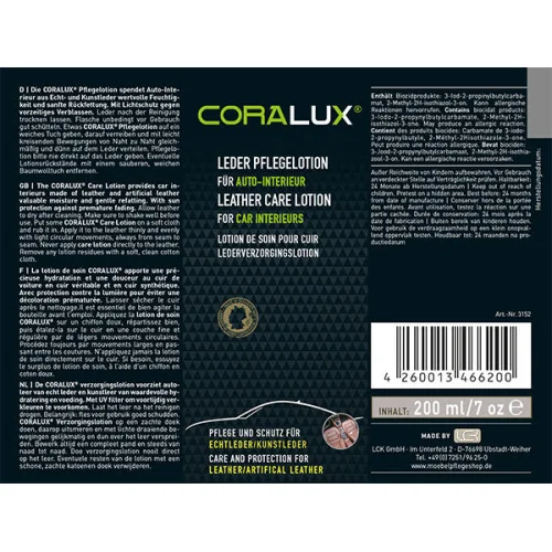 eticheta solutie de hidratare si ingrijire piele din interior auto CORALUX Care Lotion