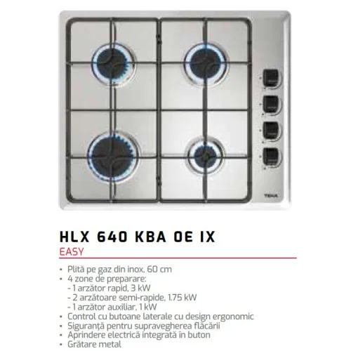 plita gaz - TEKA HLX 640 KBA 0E IX detalii