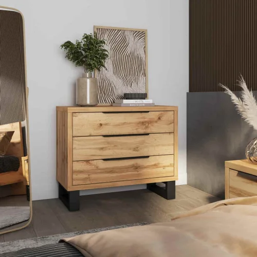 Comoda Halle 3 sertare stejar wotan + negru mat laminat