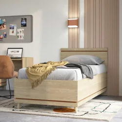 Pat Scandi de o persoană, stejar natur + cărămiziu cu saltea Pat Scandi de o persoană, stejar natur + cărămiziu cu saltea