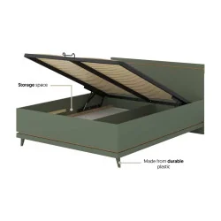Pat Scandi 2 persoane verde estompat + stejar natur - somiera rabatată - detalii