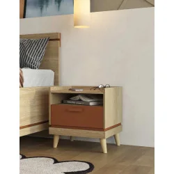 Noptiera Scandi - stejar natur + cărămiziu