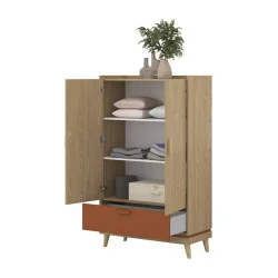 Dulap Scandi cu 2 usi 1 sertar deschise - stejar natur + cărămiziu