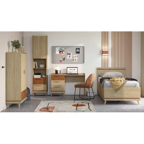 set mobilier Scandi - pat + birou + scaun Loft + dulap + etajeră, stejar natur + cărămiziu