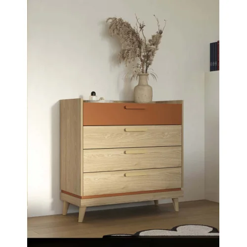Comoda Scandi cu 4 sertare - stejar natur + cărămiziu
