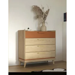 Comoda Scandi cu 4 sertare - stejar natur + cărămiziu