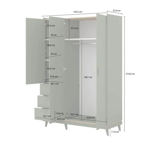 Dulap Scandi 3 usi, 3 sertare - cote
