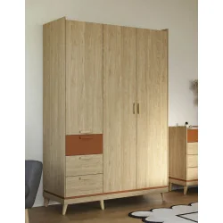 Dulap Scandi 3 usi, 3 sertare - stejar natur + cărămiziu