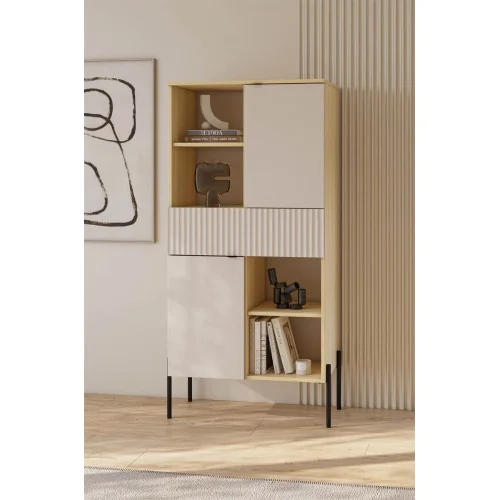 comoda ORE 2 usi 1 sertar - h 150 cm - stejar carcasa / cașmir riflat fața sertar / cașmir ușile