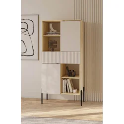 comoda ORE 2 usi 1 sertar - h 150 cm - stejar carcasa / cașmir riflat fața sertar / cașmir ușile