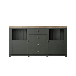 comoda Evora 2 usi cu sticlă, 4 sertare - verde + stejar lefkas